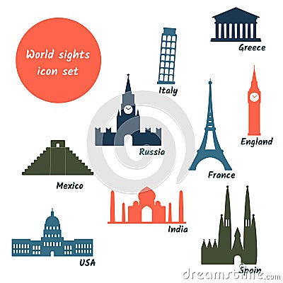 Attractions icon set. World famous sights. Travel, journey concept Vector Illustration