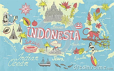 Illustrated tourist map of Indonesia. Vector Illustration