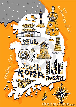 Illustrated tourist map of South Korea. Vector Illustration