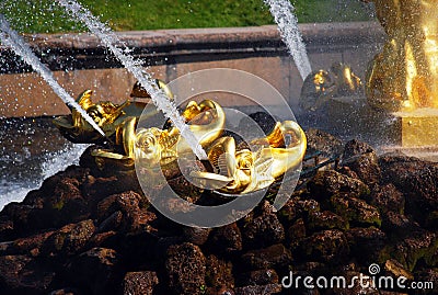 Attractions of the Peterhof Museum-reserve. Sculptures of the main fountain `Grand cascade`. Stock Photo