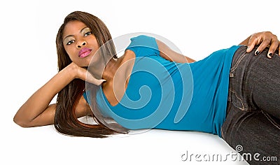 Attractive African American Lady Lying Down Stock Photo