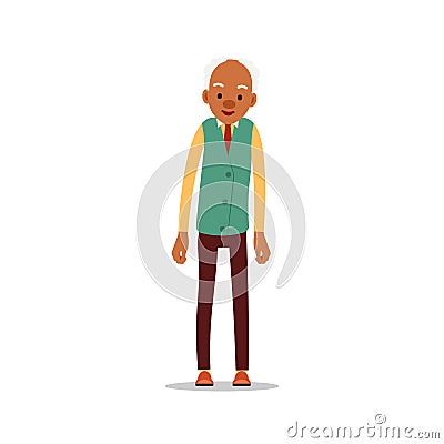 Attractive african old man. Older black senior retired. Cute grandfather standing and smiling. Traditional retirement lifestyle. Vector Illustration