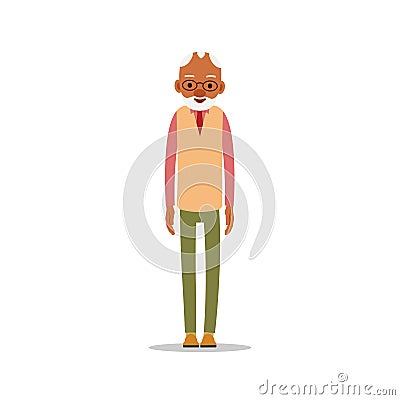 Attractive african old man. Older black senior retired. Cute grandfather standing and smiling. Traditional retirement lifestyle. Vector Illustration