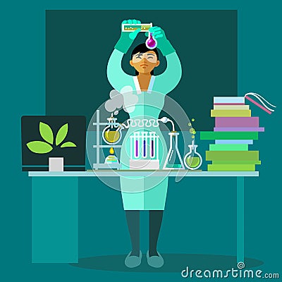 Woman scientist working in the biological laboratory. Vector flat. Vector Illustration