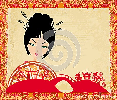 Attractive asian woman holding traditional fan Vector Illustration