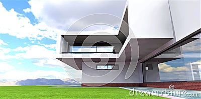 Attractive banner for advertising suburban luxury real estate in a prestigious highland area. A beautiful green meadow goes well Cartoon Illustration