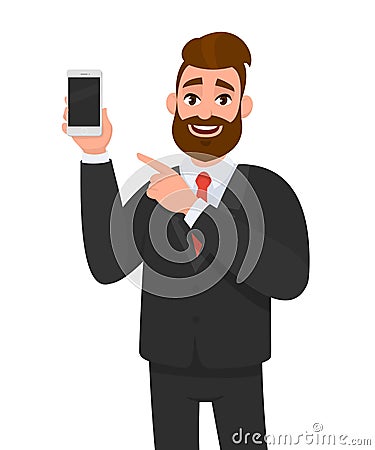 Attractive bearded businessman holding/showing brand new smartphone/mobile/cell phone in hand and pointing index finger towards. Vector Illustration