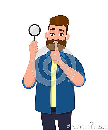 Attractive bearded young man holding magnifying glass and asking silence, keep quiet, shh, silence please! Search, find, discovery Vector Illustration