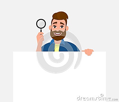 Attractive bearded young man showing/holding magnifying glass and blank/empty poster, paper or sheet in hand. Search, find. Vector Illustration