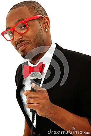 Attractive Black Male Singer With Microphone Stock Photo