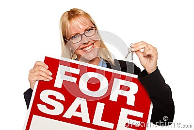 Attractive Blonde Holding Keys & For Sale Sign Stock Photo