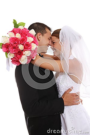 Attractive Bride and Groom at Wedding Stock Photo