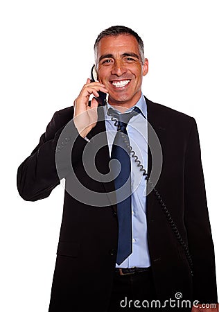 Attractive broker laughing on phone Stock Photo