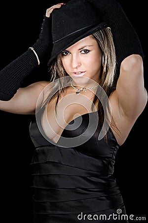 Attractive Brunette in Black Hat Stock Photo