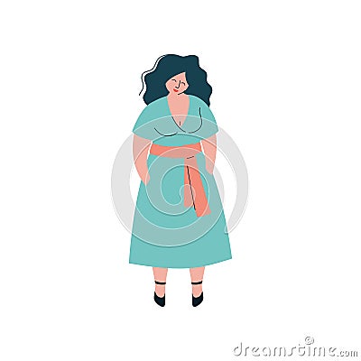 Attractive Brunette Curvy Girl in Fashion Dress, Beautiful Plus Size Plump Woman Vector Illustration Vector Illustration