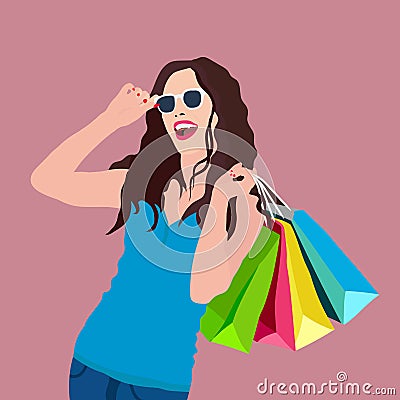 Attractive brunette girl with shopping bags and sunglasses. Vector Illustration
