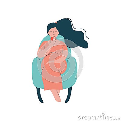 Attractive Brunette Pregnant Woman in Armchair and Eating Apple, Happy Pregnancy, Maternal Health Care Vector Vector Illustration