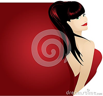 Attractive brunette on a red background. Vector Illustration