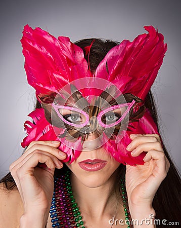 Attractive Brunette Woman Gypsy Costume Feathered Face Mask Stock Photo