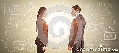 Attractive businesspeople standing on filtered concrete wall background with business sketch. Training, seminar, success and Stock Photo