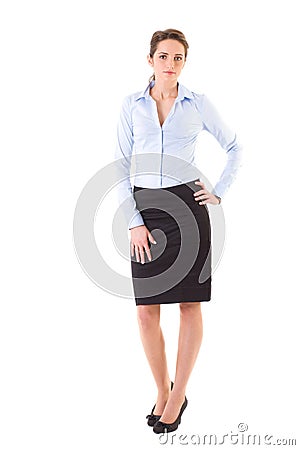 Attractive businesswoman in blue shirt and skirt Stock Photo