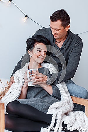 Attractive cheerful man and woman hugging. couple cuddling, love and romence concept Stock Photo