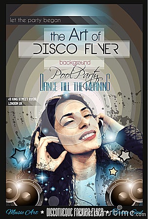 Attractive Club Disco Flyer with a Girl Dj listening to music Vector Illustration