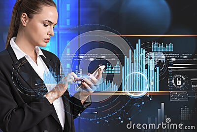 Attractive concentrated businesswoman holding smartphone and browsing the Internet, blue glowing information protection icons and Stock Photo