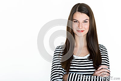 Attractive confident smiling girl portrait, on white background Stock Photo