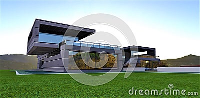 Attractive country house built in a futuristic style on a wonderful green meadow. Spacious terraces fit well with the aluminum Cartoon Illustration