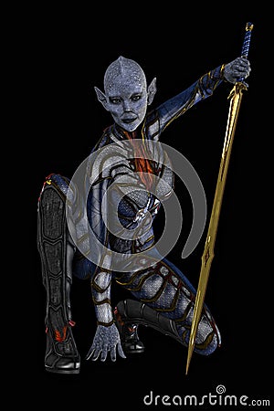 Attractive 3D Alien Woman Kneeling with A Sword Stock Photo