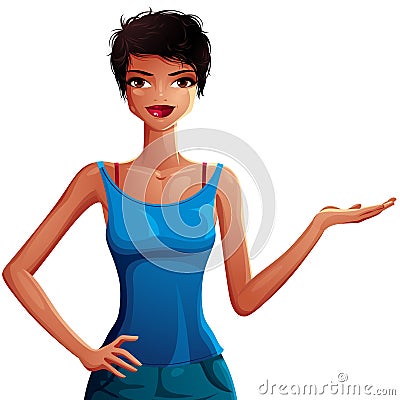 Attractive dark skin girl holding her hand to side, blank copy s Vector Illustration