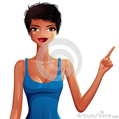 Attractive dark skin girl pointing at something to side, empty c Vector Illustration