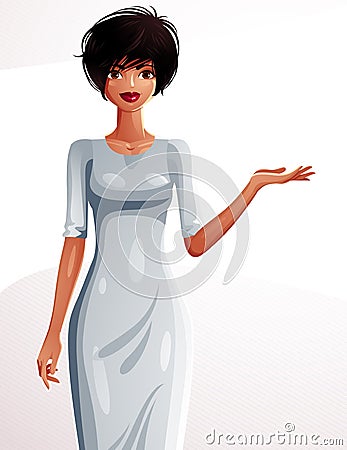 Attractive dark skin standing girl showing at empty copy space Vector Illustration