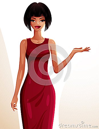Attractive dark skin standing girl showing at empty copy space w Vector Illustration