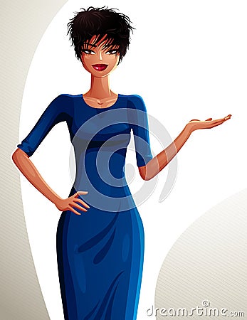 Attractive dark skin standing girl showing at empty copy space w Cartoon Illustration