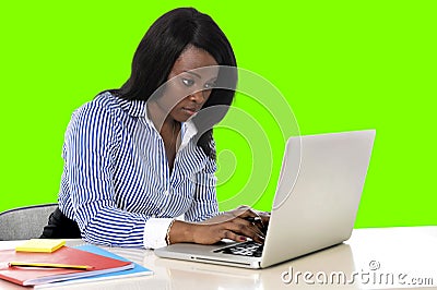 Attractive and efficient black ethnicity woman at office isolated green chroma key screen Stock Photo