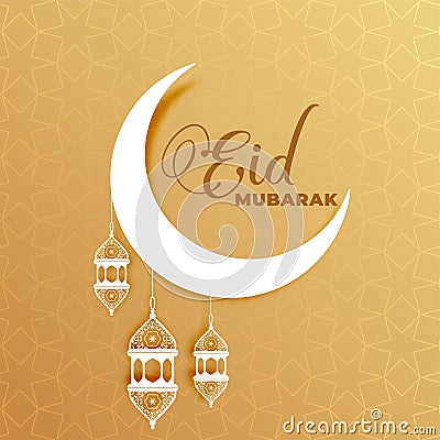 Attractive eid mubarak moon and lamps greeting design Vector Illustration