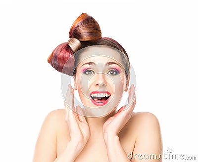 Attractive excited woman with a bow haircut Stock Photo