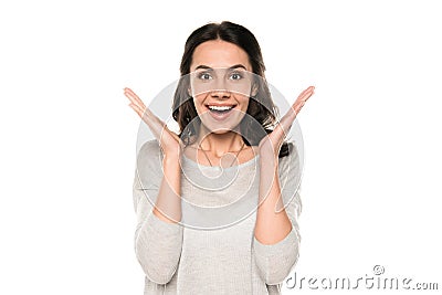 Attractive excited woman standing in casual clothes Stock Photo