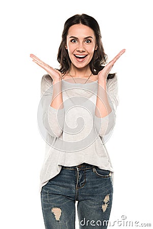 Attractive excited woman standing in casual clothes Stock Photo