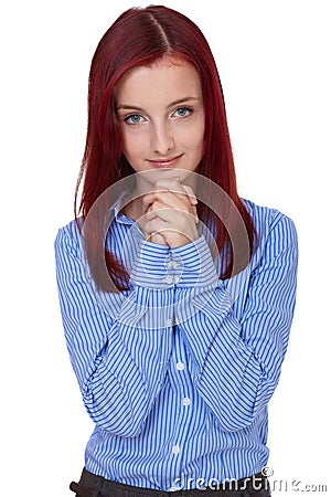 Attractive female beg, ask for something, isolated Stock Photo