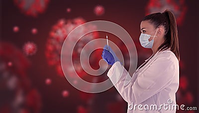 Attractive female doctor with virus protection mask and latex gloves holding vaccine syringe, with background of sars 2 covid19 Stock Photo