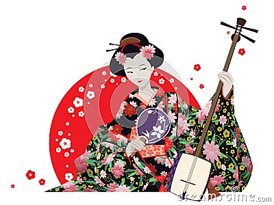 Attractive Geisha Wearing Kimono With Fan And Shamisen. Vector Illustration