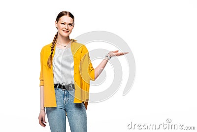 Attractive girl with braid pointing with hand isolated on white Stock Photo