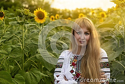 Girl with long hair in Ukrainian clother posing among the bales in the field Stock Photo