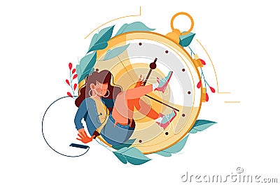 Attractive girl silhouette using smartphone kills time near clock. Cartoon Illustration