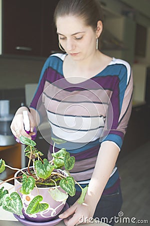 Attractive girl watering a plant in pot Stock Photo