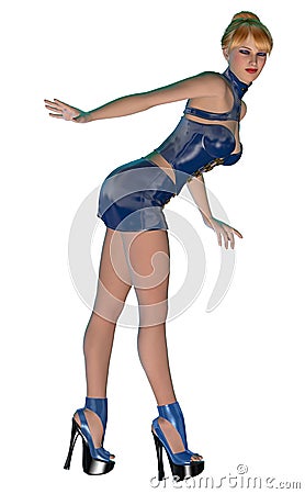 Attractive girl, young woman in a blue dress and high heel shoes, 3d rendering Cartoon Illustration