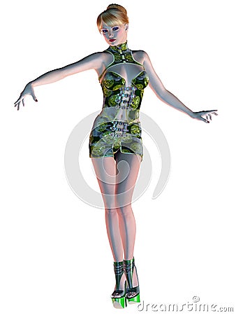 Attractive girl, young woman in a green dress and high heel shoes, 3d rendering Cartoon Illustration